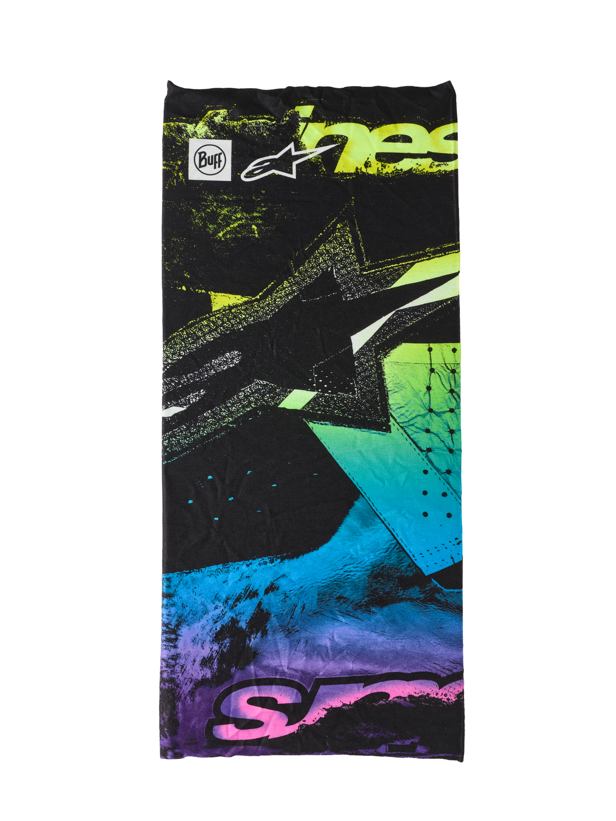 Alpinestars Buff Ignite Neck Tube, czarny komin motocyklowy z fluorescencyjnymi różowymi, żółtymi, niebieskimi i fioletowymi abstrakcyjnymi grafikami, z logo Alpinestars i brandingiem Buff, bezszwowy i lekki