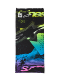 Alpinestars Buff Ignite Neck Tube, czarny komin motocyklowy z fluorescencyjnymi różowymi, żółtymi, niebieskimi i fioletowymi abstrakcyjnymi grafikami, z logo Alpinestars i brandingiem Buff, bezszwowy i lekki