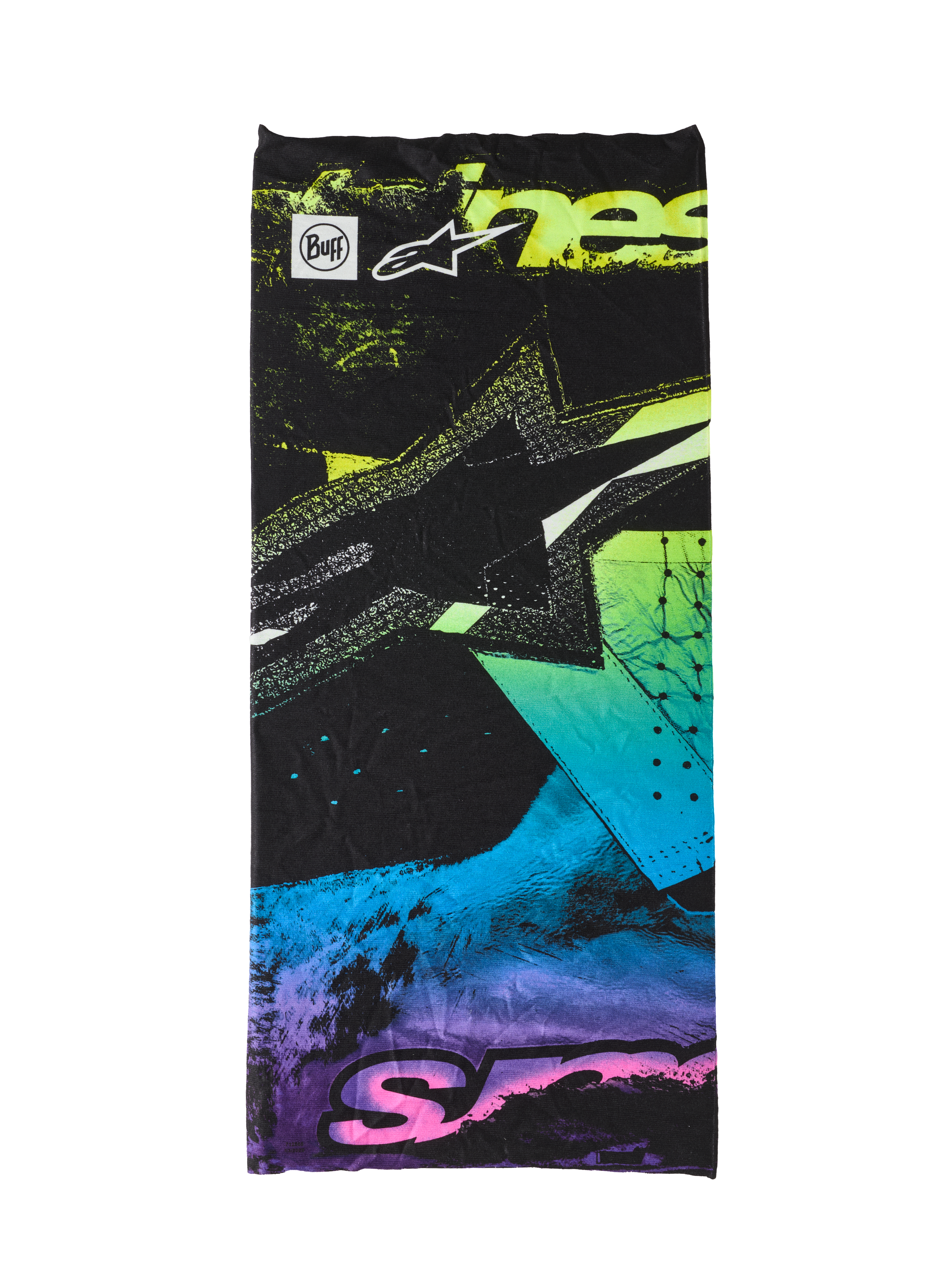 Alpinestars Buff Ignite Neck Tube, czarny komin motocyklowy z fluorescencyjnymi różowymi, żółtymi, niebieskimi i fioletowymi abstrakcyjnymi grafikami, z logo Alpinestars i brandingiem Buff, bezszwowy i lekki