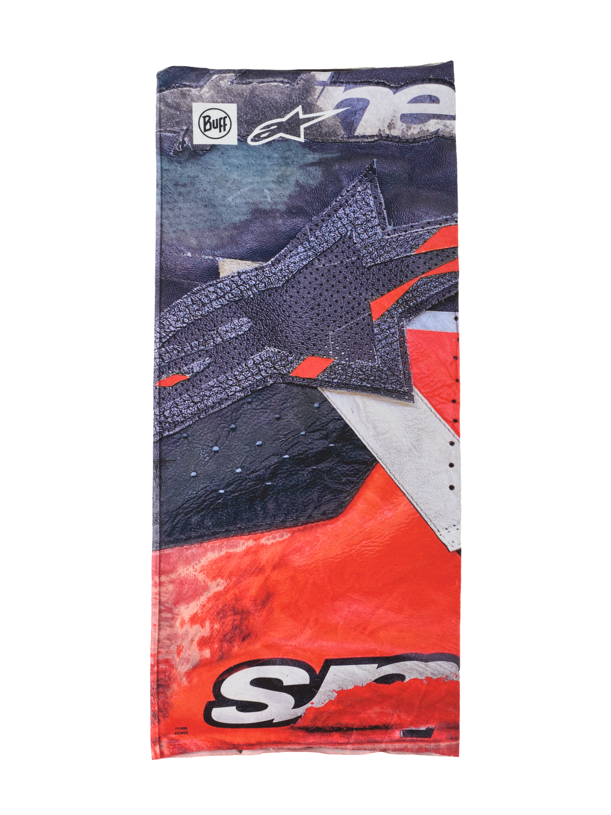 Alpinestars Buff Ignite Neck Tube, wielofunkcyjna chusta, czarno-jaskrawoczerwona z białymi detalami, duża grafika gwiazdy, logo Alpinestars i Buff, sportowy design do jazdy motocyklem