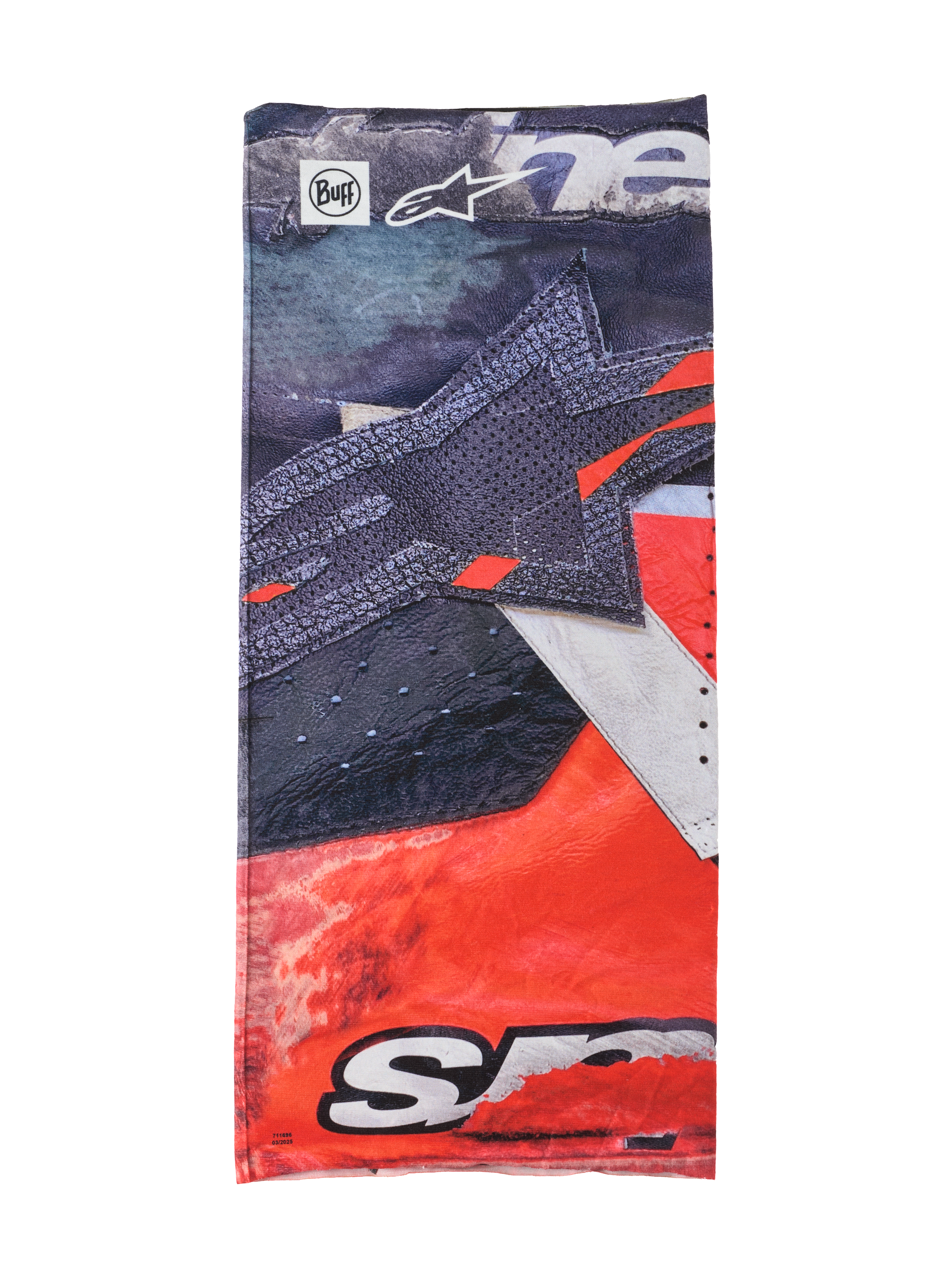 Alpinestars Buff Ignite Neck Tube, wielofunkcyjna chusta, czarno-jaskrawoczerwona z białymi detalami, duża grafika gwiazdy, logo Alpinestars i Buff, sportowy design do jazdy motocyklem
