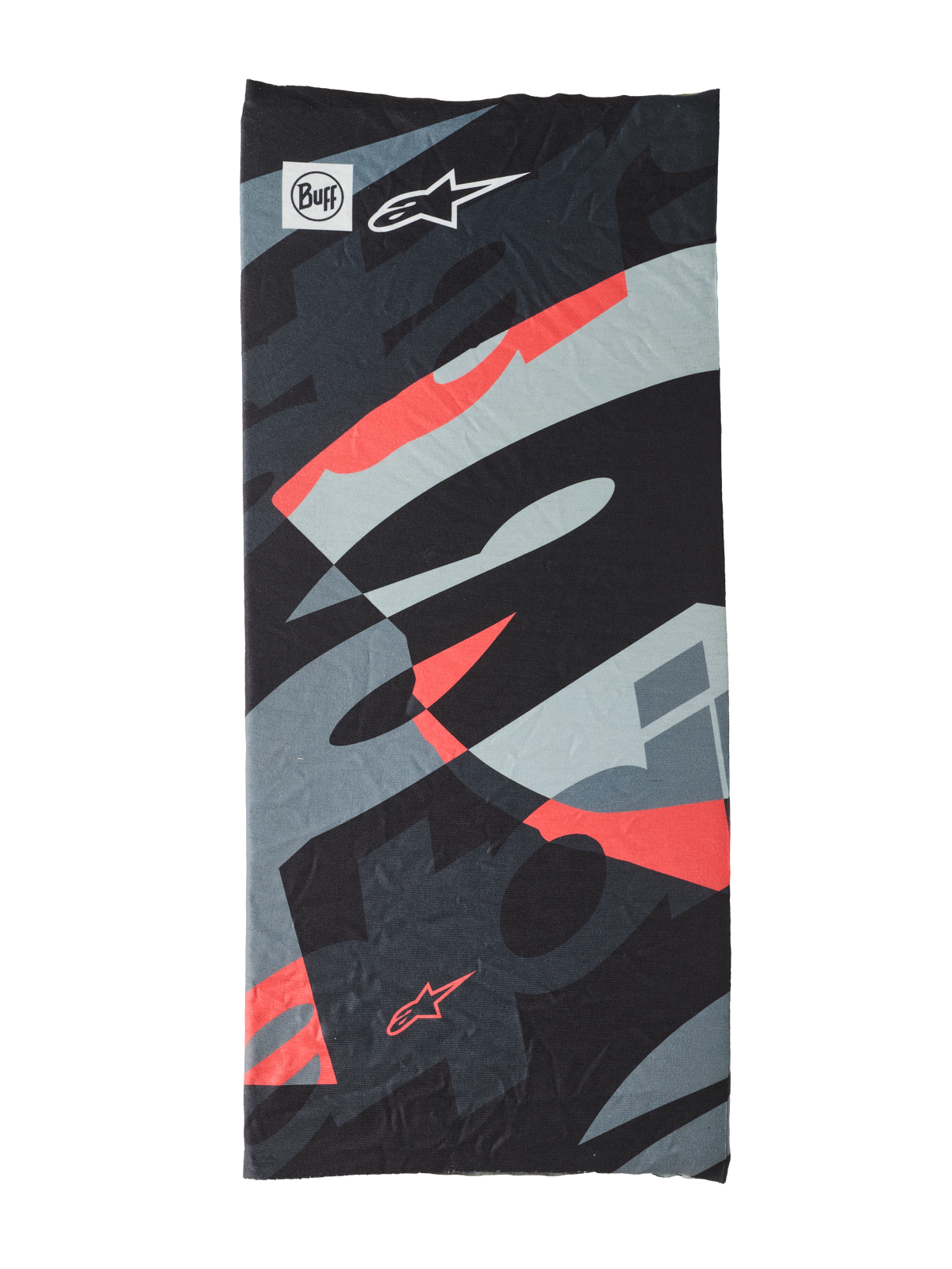Buff Mogress Neck Tube, wielofunkcyjna chusta, Black Camo Red Fluo, abstrakcyjny wzór w kolorach czarnym, szarym i fluorescencyjnym czerwonym, lekki bezszwowy materiał z logo Buff i gwiazdą Alpinestars