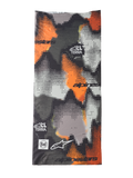 Alpinestars Buff Nazca Neck Tube, motocyklowy komin, wzór kamuflażu digital halftone w kolorach szarym i fluorescencyjnym pomarańczowym, z logo Alpinestars i Buff oraz brandingiem All Terra, bezszwowa tkanina 4-way stretch do jazdy w ciepłe dni
