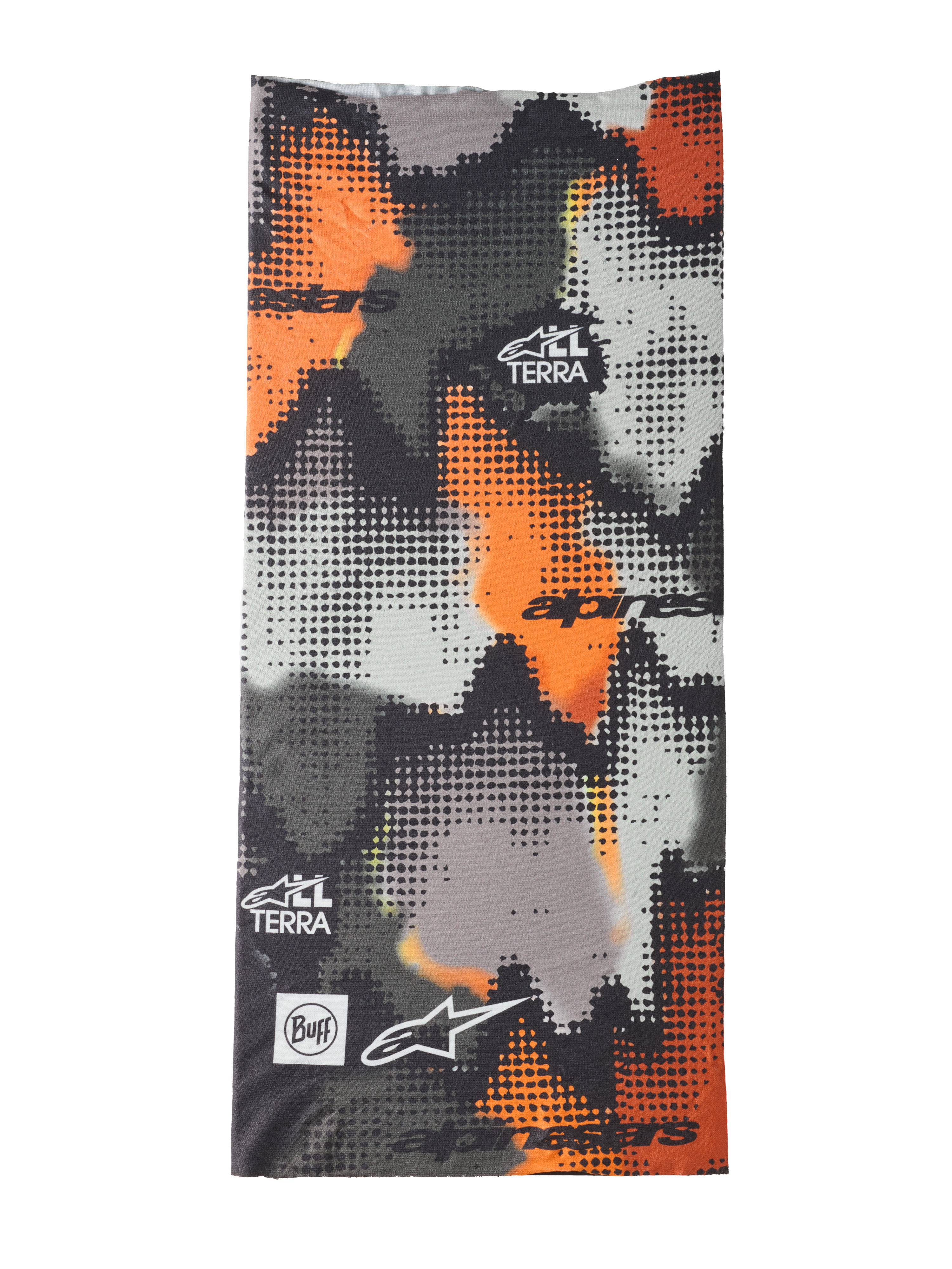 Alpinestars Buff Nazca Neck Tube, motocyklowy komin, wzór kamuflażu digital halftone w kolorach szarym i fluorescencyjnym pomarańczowym, z logo Alpinestars i Buff oraz brandingiem All Terra, bezszwowa tkanina 4-way stretch do jazdy w ciepłe dni