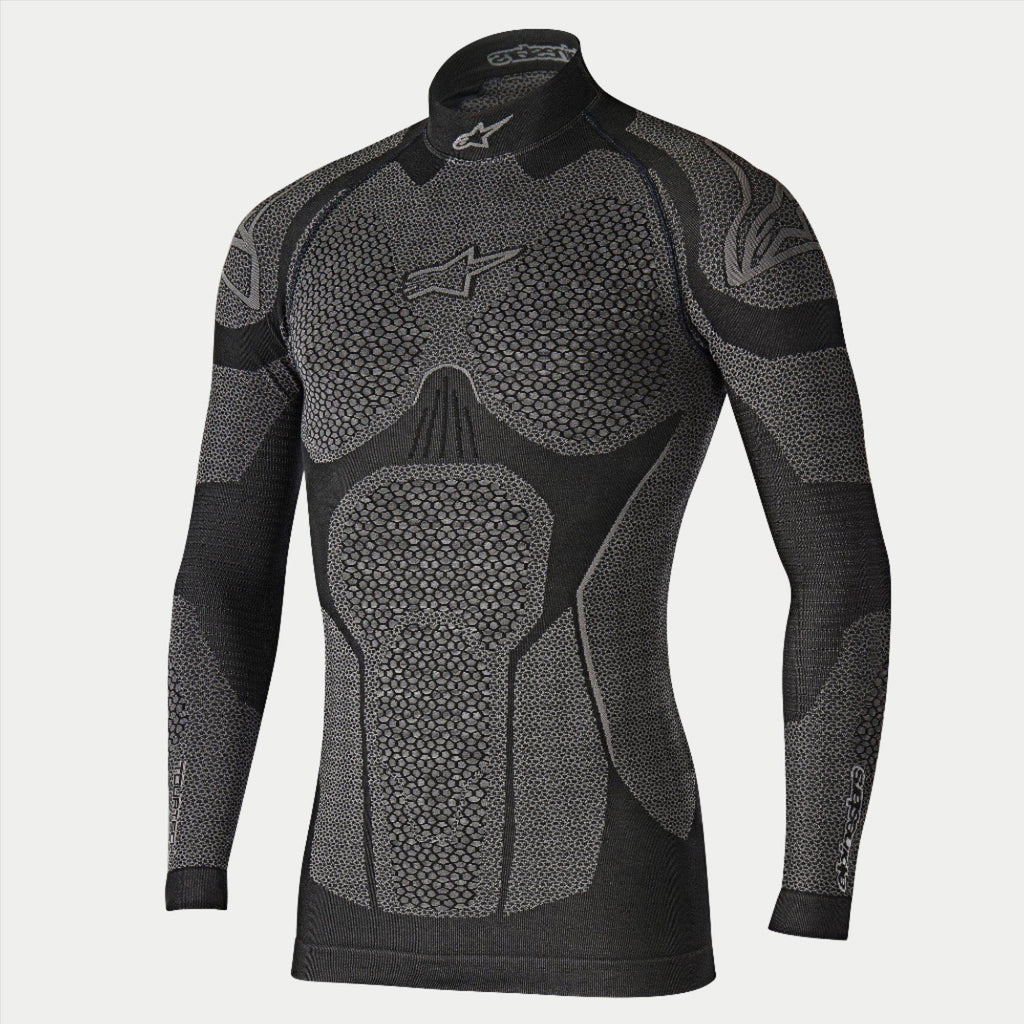 Alpinestars Ride Tech Top Long Sleeve Winter, motocyklowa bielizna termoaktywna, czarno-szara, techniczna koszulka z długim rękawem, panele o strukturze plastra miodu o podwójnej gęstości, krój kompresyjny, stójka z białym logo Alpinestars, profesjonalna odzież termiczna na zimę