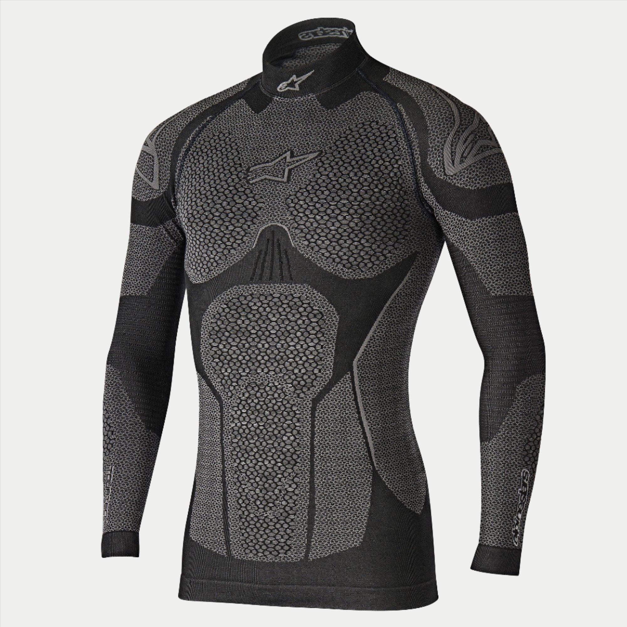 Alpinestars Ride Tech Top Long Sleeve Winter, motocyklowa bielizna termoaktywna, czarno-szara, techniczna koszulka z długim rękawem, panele o strukturze plastra miodu o podwójnej gęstości, krój kompresyjny, stójka z białym logo Alpinestars, profesjonalna odzież termiczna na zimę