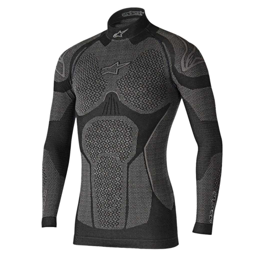 Alpinestars Ride Tech Top Long Sleeve Winter, techniczna bielizna termoaktywna, czarno-szara, panele o strukturze plastra miodu, stójka, dopasowanie kompresyjne do jazdy motocyklem w zimne dni