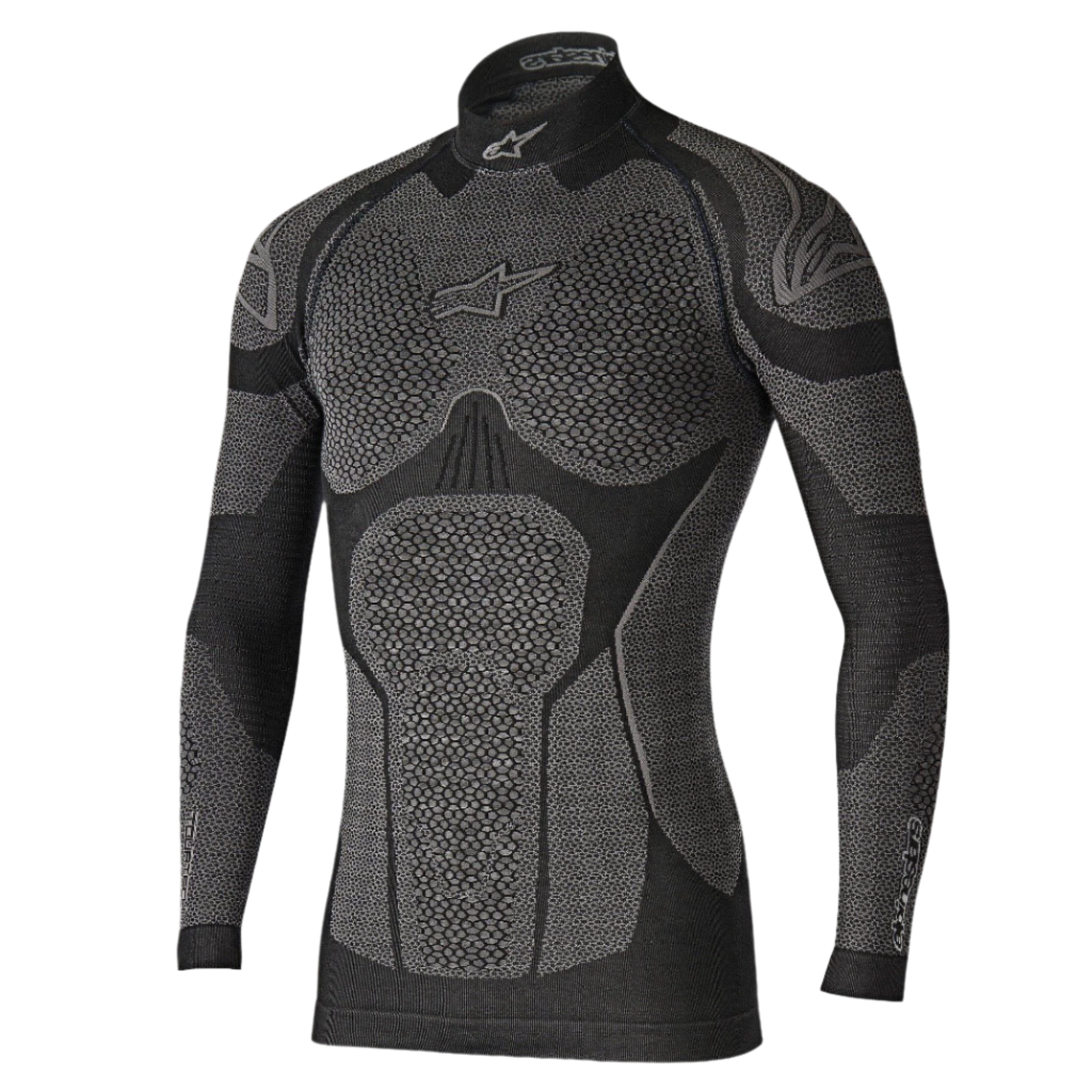 Alpinestars Ride Tech Top Long Sleeve Winter, techniczna bielizna termoaktywna, czarno-szara, panele o strukturze plastra miodu, stójka, dopasowanie kompresyjne do jazdy motocyklem w zimne dni