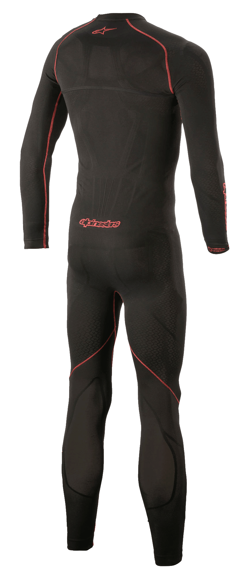 Alpinestars Ride Tech Lite 1-Piece Undersuit, techniczna motocyklowa bielizna termoaktywna, czarno-czerwona, widok z tyłu podkreślający czerwone płaskie szwy i logo Alpinestars, bezszwowe dopasowanie kompresyjne z oddychającymi panelami z siatki