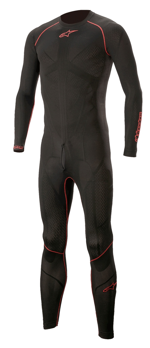 Introducing the Alpinestars EU Ride Tech Lite 1-Piece Undersuit in Black/Red, a full-body racing suit perfect for motorsports and designed specifically for warm weather riding. This suit boasts a sleek, aerodynamic design with striking red accents along the arms, legs, and torso. Its textured fabric provides enhanced grip and flexibility, while the brand logo is prominently displayed on both the chest and sleeves.