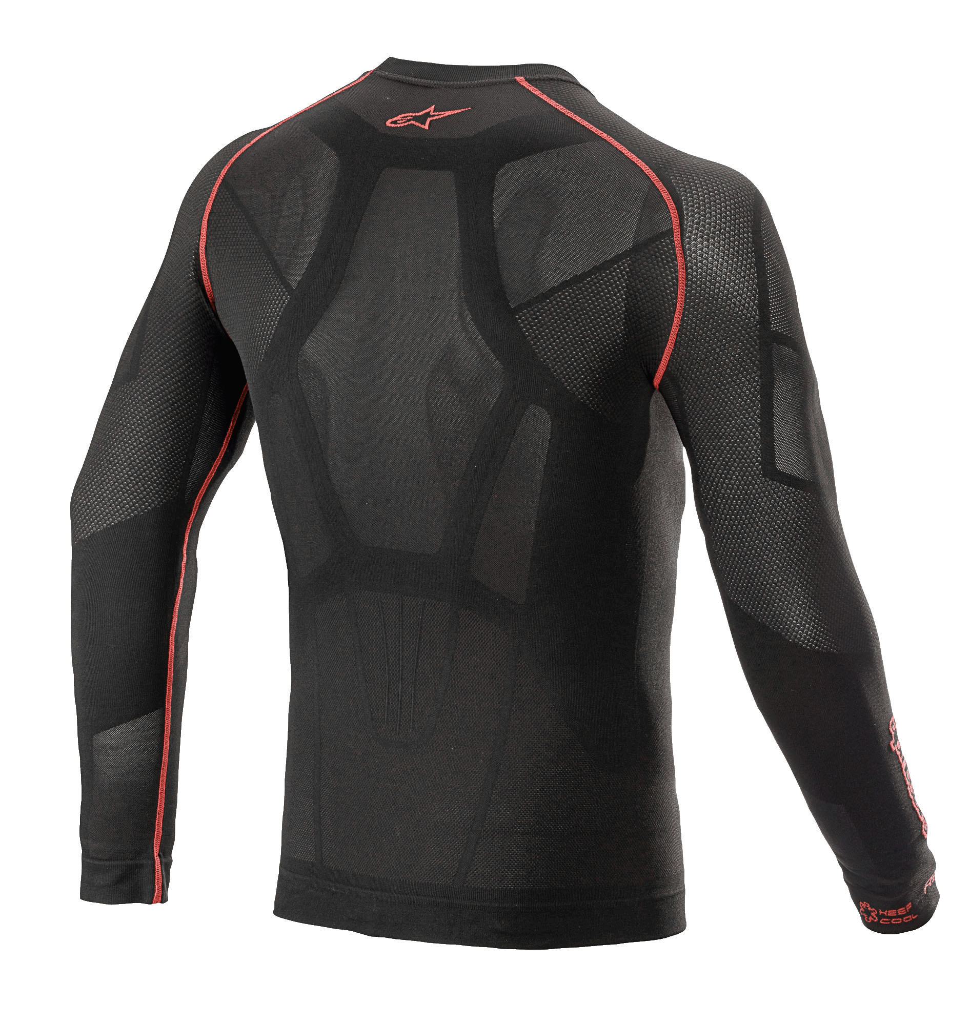 Alpinestars Ride Tech V2 Top Long Sleeve Summer, motocyklowa warstwa bazowa, czarno-czerwona, widok z tyłu przedstawiający konstrukcję dopasowaną do ciała z wstawkami z otwartej siatki, czerwone płaskie szwy oraz czerwone logo Alpinestars na kołnierzu, techniczna warstwa na ciepłe dni