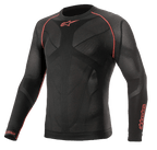 Alpinestars Ride Tech V2 Top Long Sleeve Summer, motocyklowa koszulka termoaktywna z długim rękawem, czarna z czerwonymi akcentami, oddychające panele mesh dopasowane do sylwetki, czerwone płaskie szwy na ramionach, logo na klatce piersiowej i rękawie