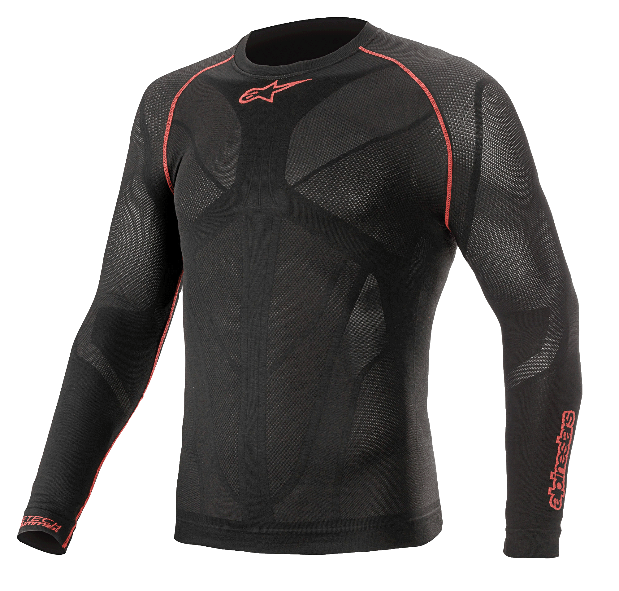Alpinestars Ride Tech V2 Top Long Sleeve Summer, motocyklowa koszulka termoaktywna z długim rękawem, czarna z czerwonymi akcentami, oddychające panele mesh dopasowane do sylwetki, czerwone płaskie szwy na ramionach, logo na klatce piersiowej i rękawie