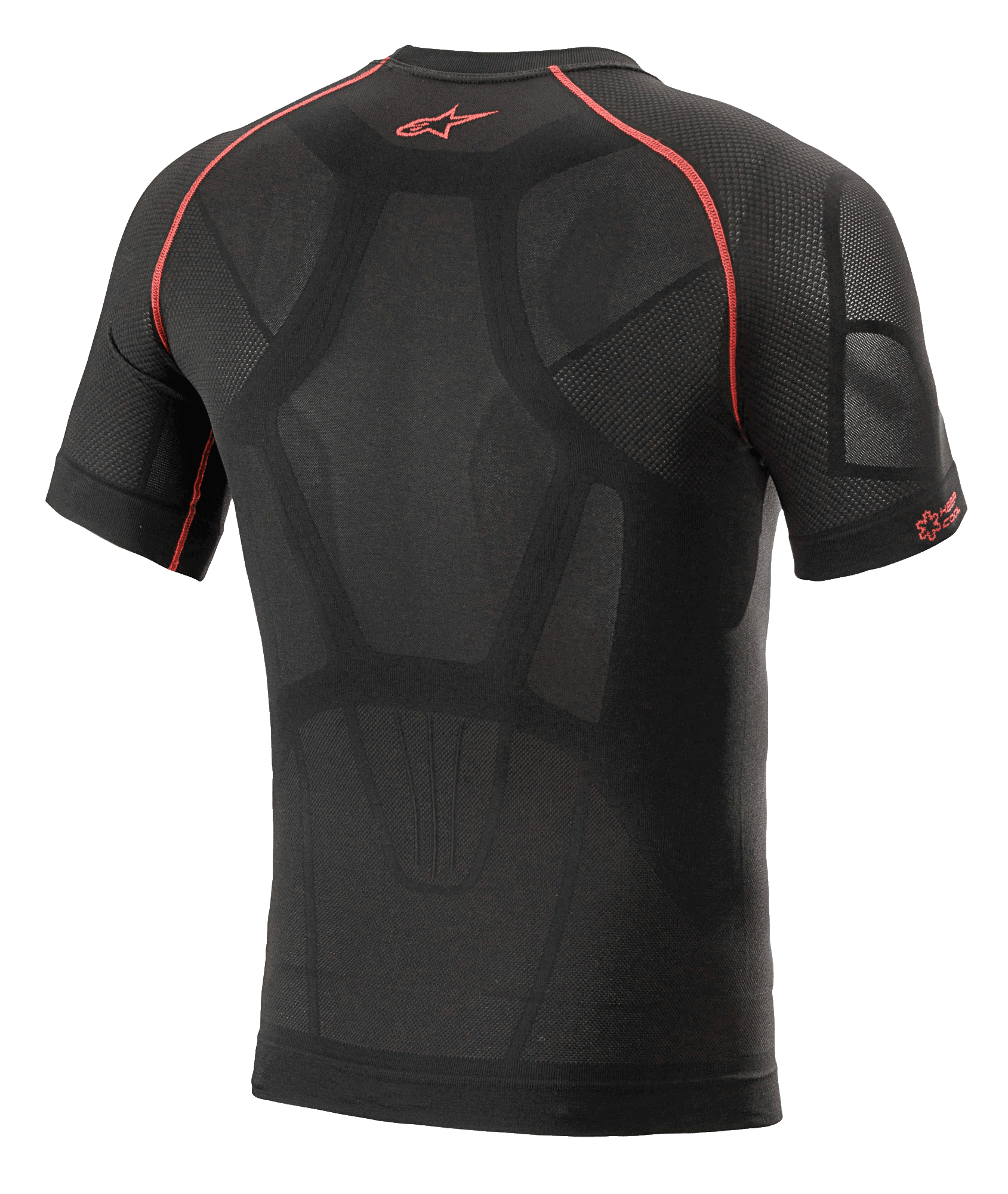 Alpinestars Ride Tech V2 Top Short Sleeve Summer, motocyklowa warstwa bazowa, czarno-czerwona, widok z tyłu przedstawiający konstrukcję z mapowaniem ciała z siateczkowymi panelami wentylacyjnymi, czerwone kontrastowe szwy i czerwone logo Astars w górnej części pleców