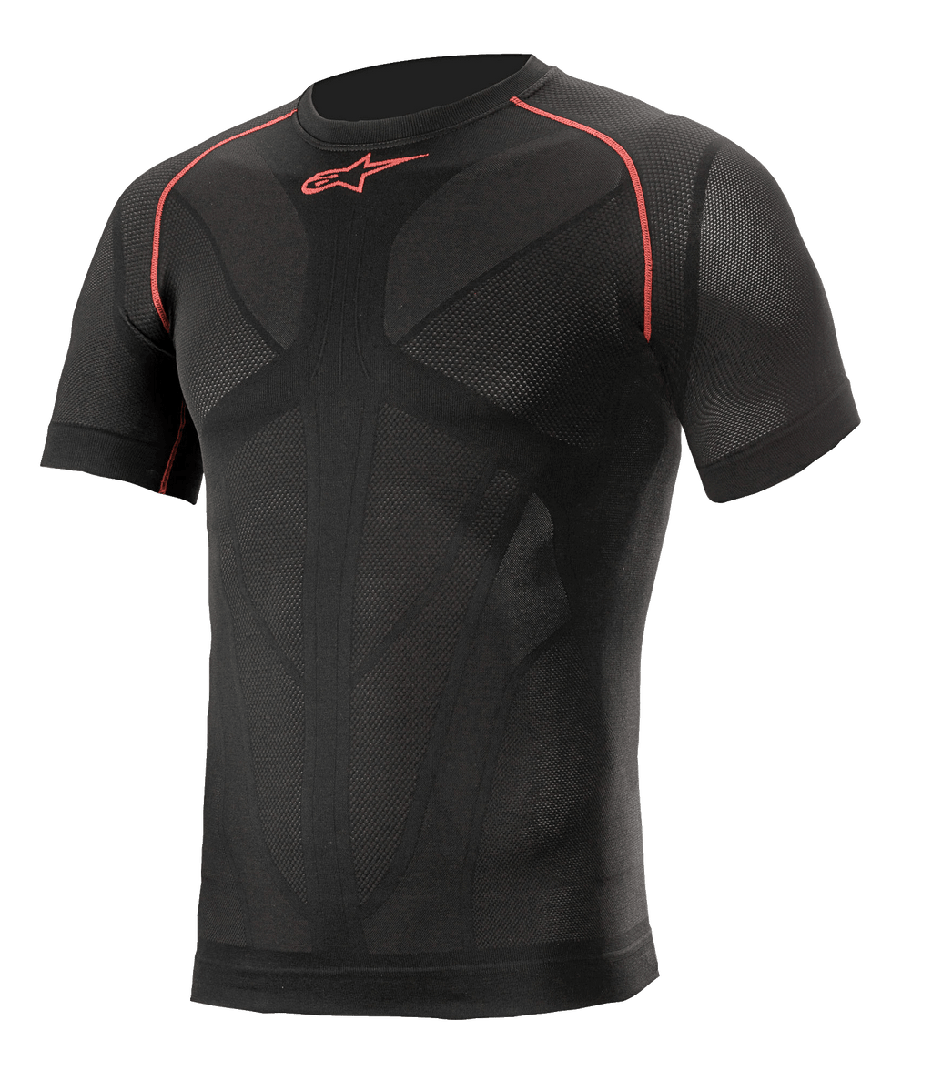 Alpinestars Ride Tech V2 Top Short Sleeve Summer, czarna z czerwonymi akcentami, motocyklowa warstwa bazowa z krótkim rękawem, kompresyjny krój z siatkowymi panelami wentylacyjnymi, techniczna odzież do letniej jazdy szosowej i torowej