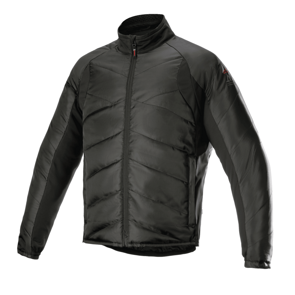 Alpinestars AMT Thermal Liner, czarna motocyklowa kurtka termiczna, pikowana konstrukcja ze skośnymi przeszyciami, materiał ripstop, wysoki kołnierz, pełny zamek błyskawiczny, lekka izolacja do turystyki adventure
