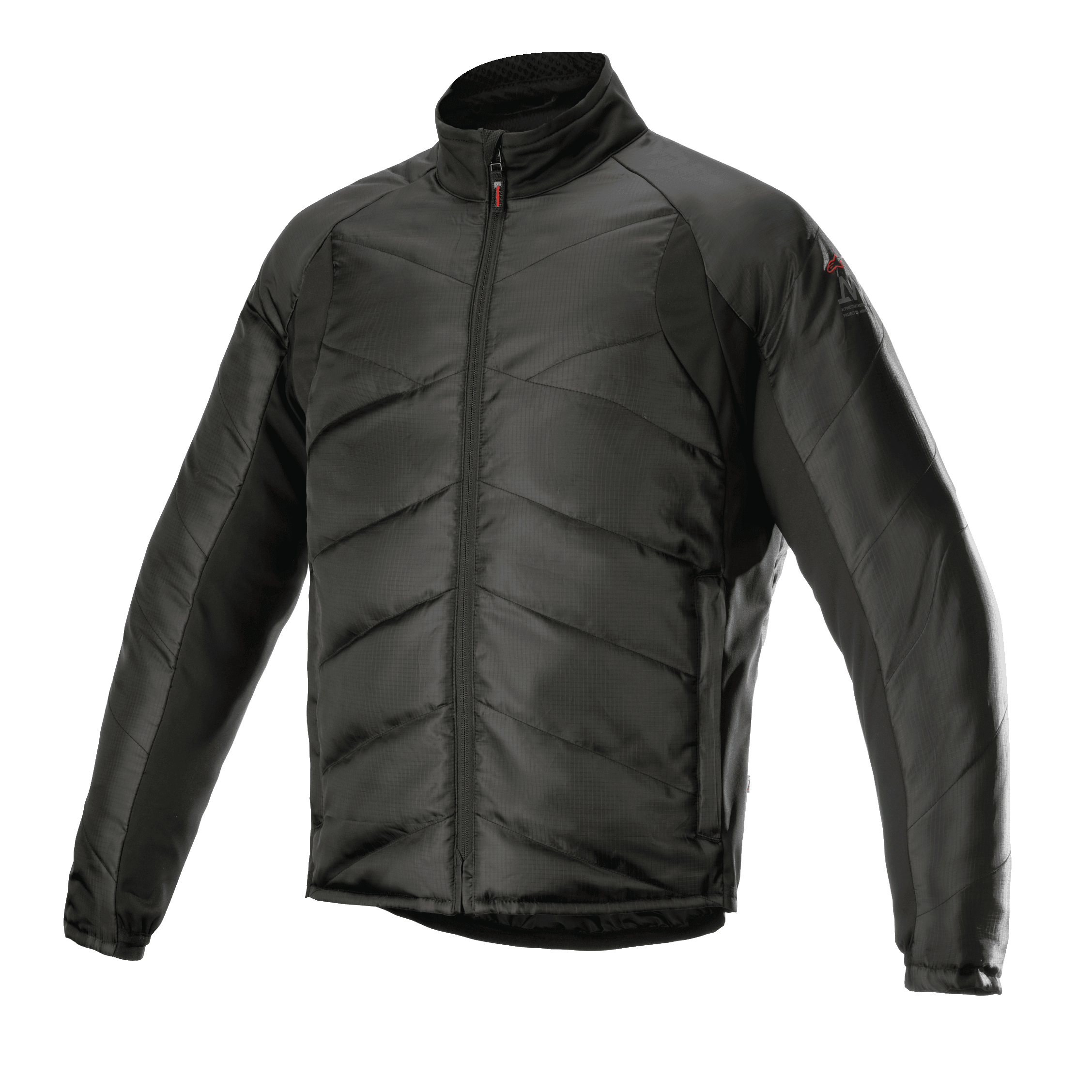 Alpinestars AMT Thermal Liner, czarna motocyklowa kurtka termiczna, pikowana konstrukcja ze skośnymi przeszyciami, materiał ripstop, wysoki kołnierz, pełny zamek błyskawiczny, lekka izolacja do turystyki adventure