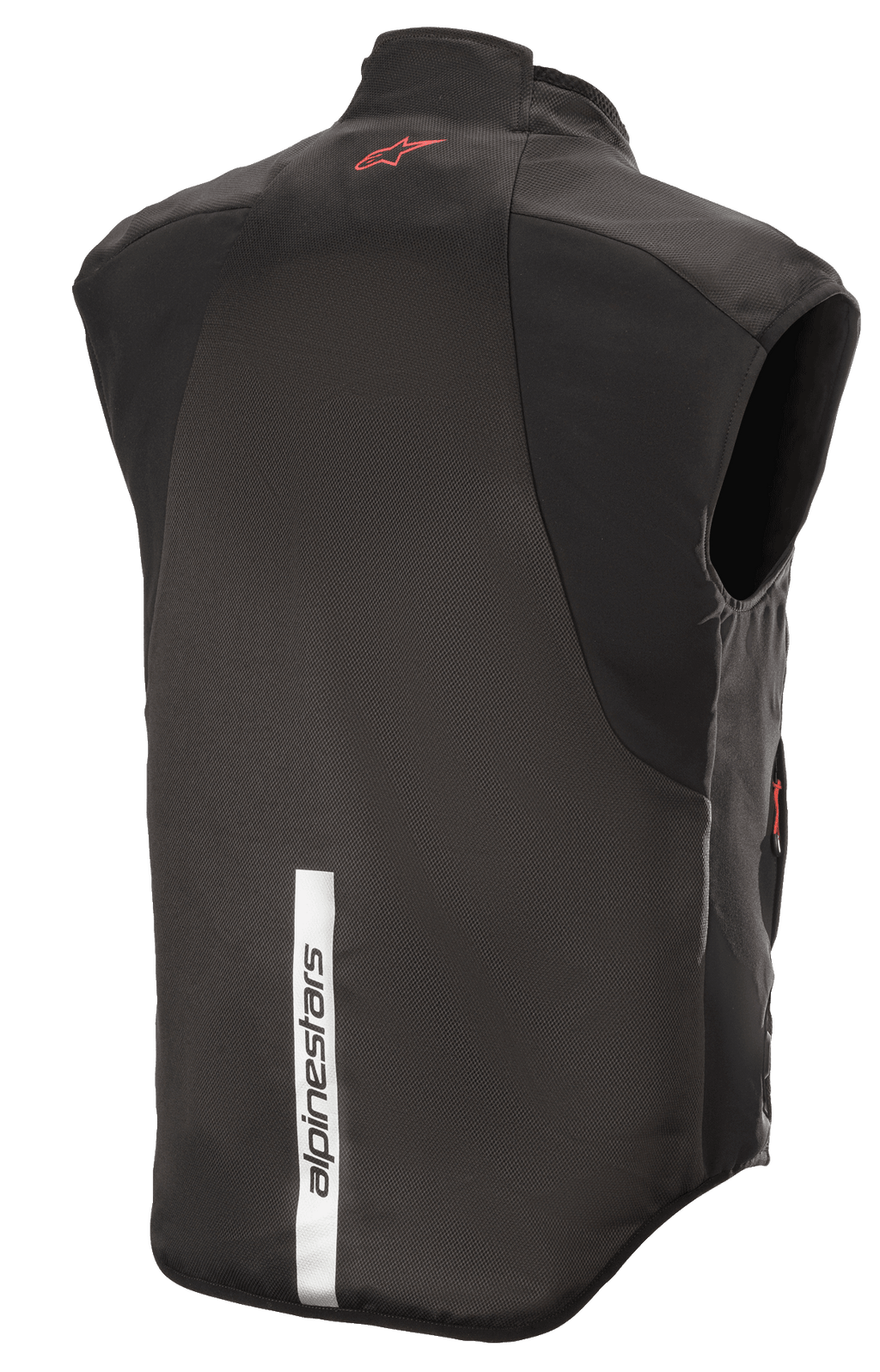 Alpinestars HT Heat Tech Vest, czarna, widok z tyłu z czerwonym logo Astars w górnej części pleców i pionowym odblaskowym białym paskiem z napisem Alpinestars na dole, motocyklowa podgrzewana warstwa podstawowa