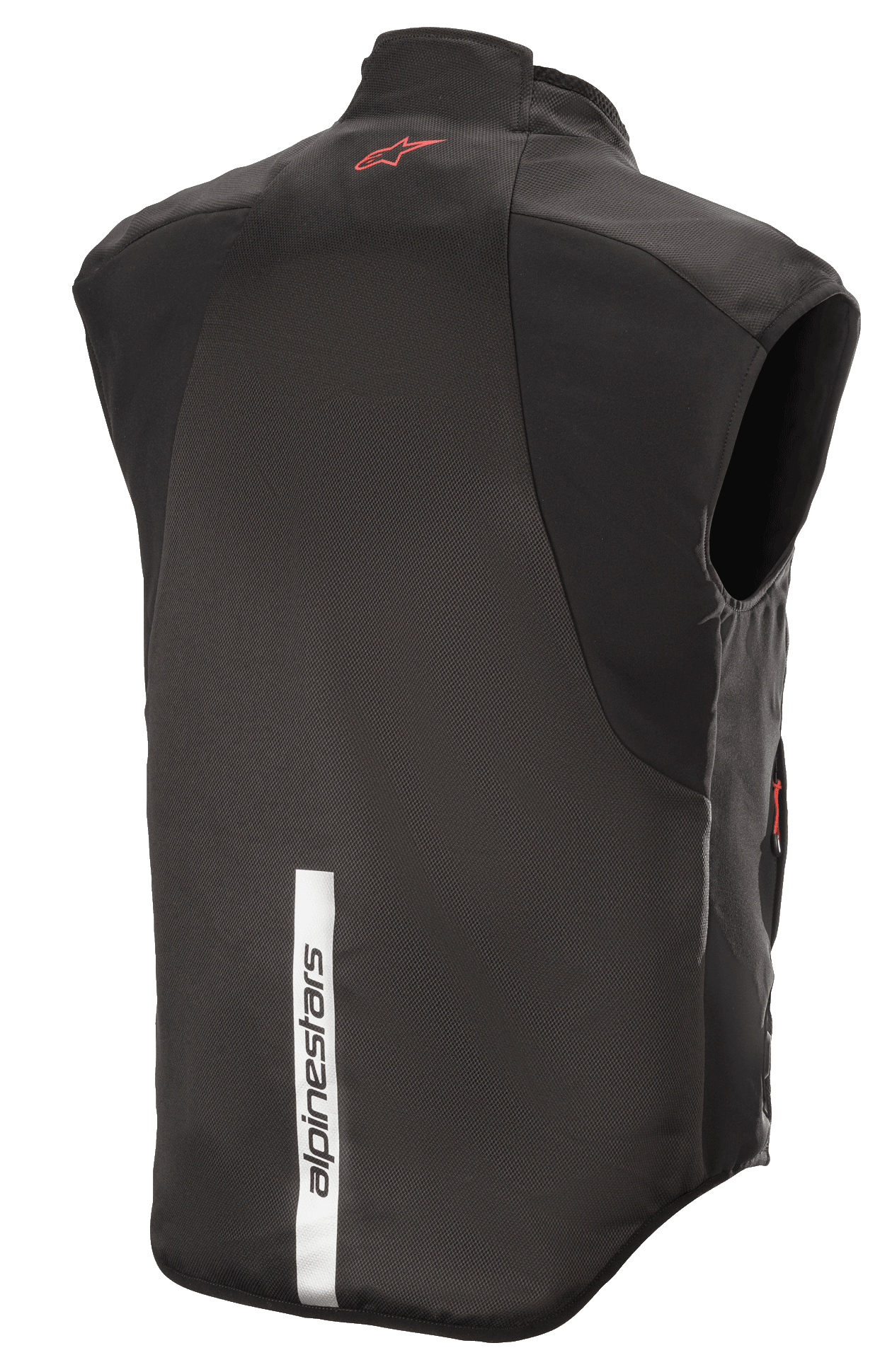 Alpinestars HT Heat Tech Vest, czarna, widok z tyłu z czerwonym logo Astars w górnej części pleców i pionowym odblaskowym białym paskiem z napisem Alpinestars na dole, motocyklowa podgrzewana warstwa podstawowa