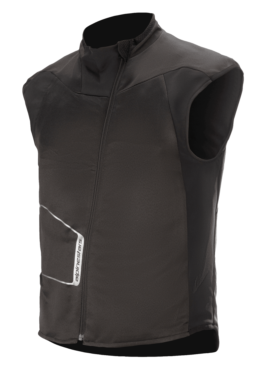 Alpinestars HT Heat Tech Vest, czarna podgrzewana motocyklowa warstwa podstawowa, wysoki kołnierz z asymetrycznym skośnym zamkiem, techniczna konstrukcja tekstylna z białym logo Alpinestars, warstwa termiczna do zimowej jazdy przygodowej i turystyki szosowej