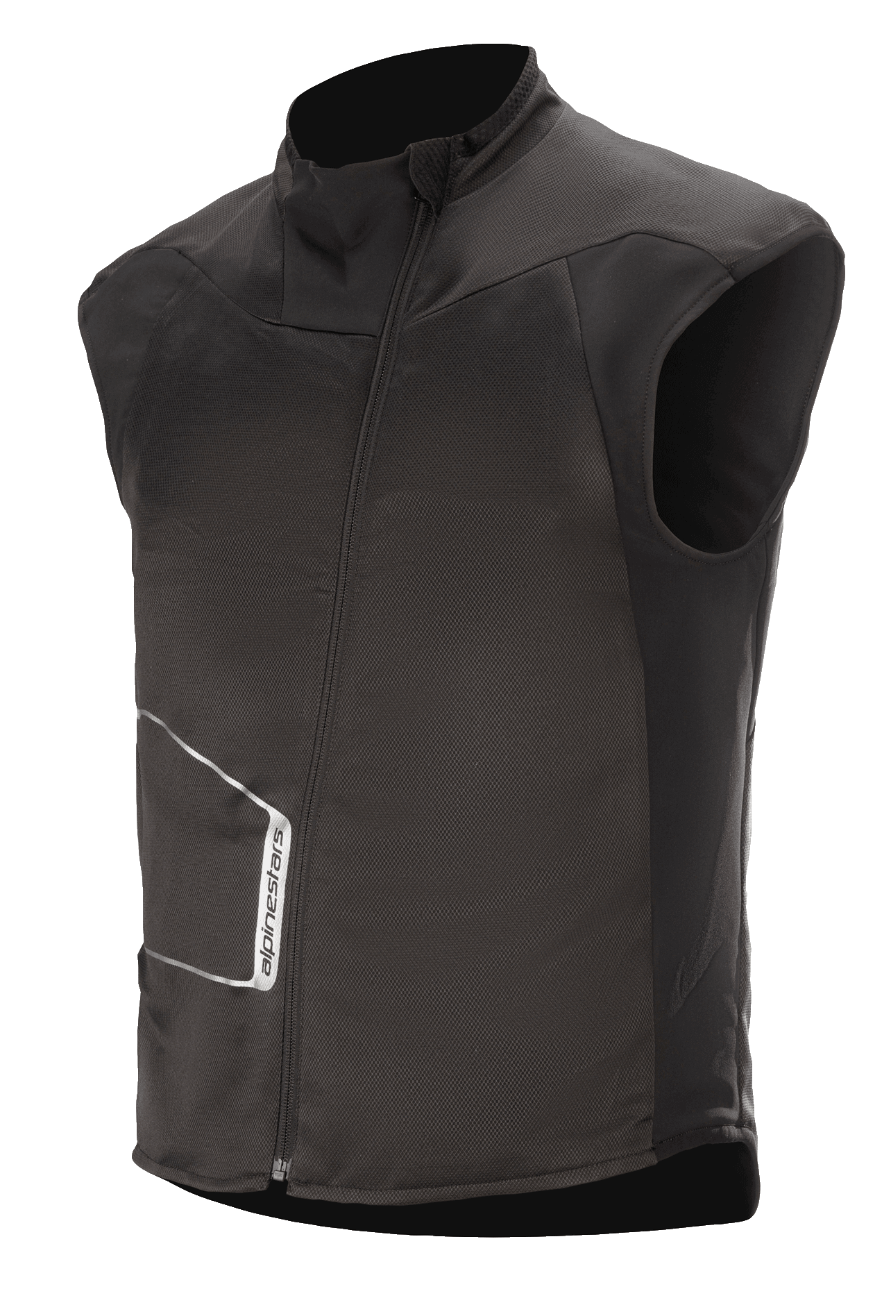 Alpinestars HT Heat Tech Vest, czarna podgrzewana motocyklowa warstwa podstawowa, wysoki kołnierz z asymetrycznym skośnym zamkiem, techniczna konstrukcja tekstylna z białym logo Alpinestars, warstwa termiczna do zimowej jazdy przygodowej i turystyki szosowej