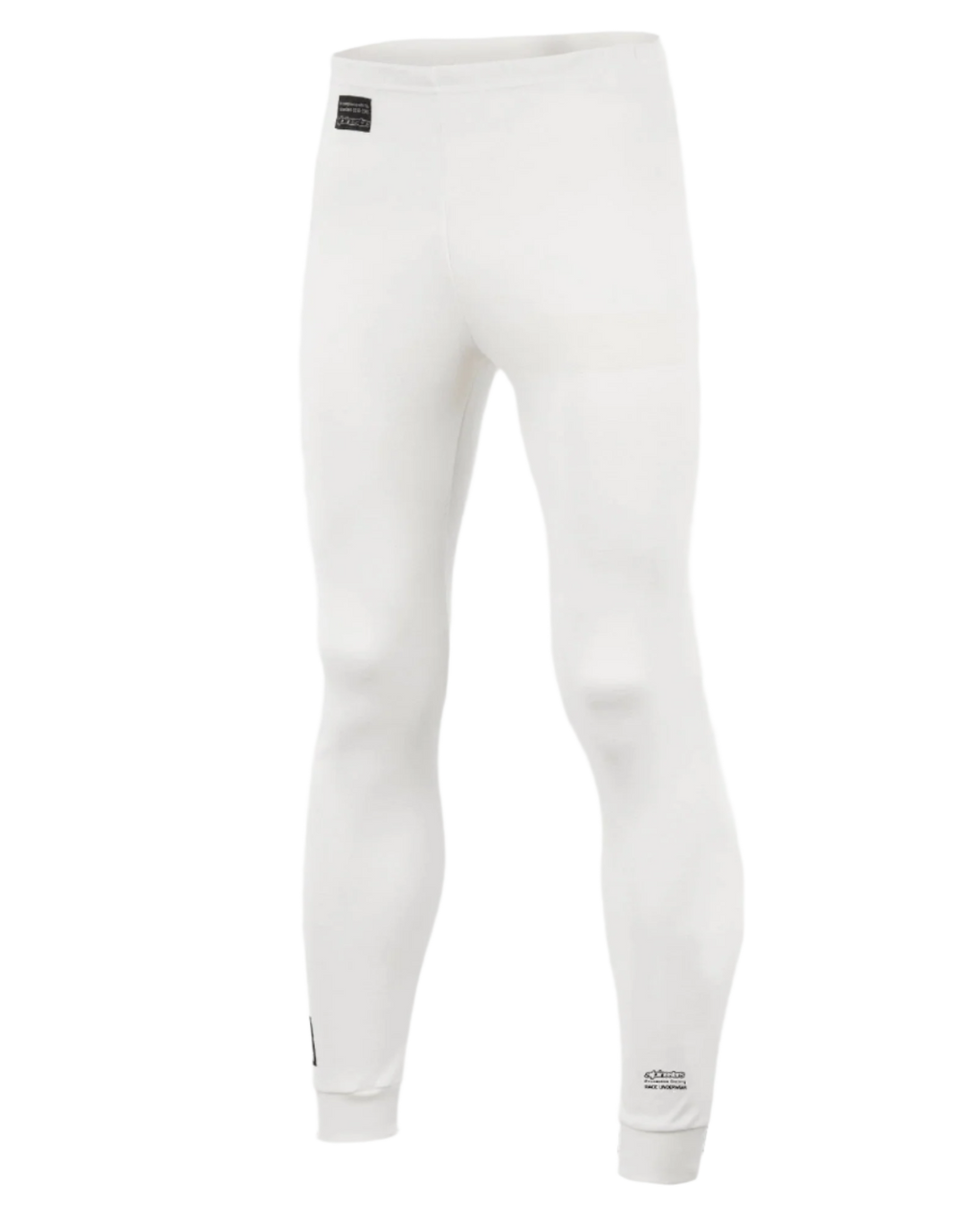 Alpinestars Race Bottom FIA, spodnie termoaktywne do wyścigów samochodowych, białe z czarnymi naszywkami z logo, lekki i ognioodporny materiał, zaprojektowane do noszenia pod kombinezonem