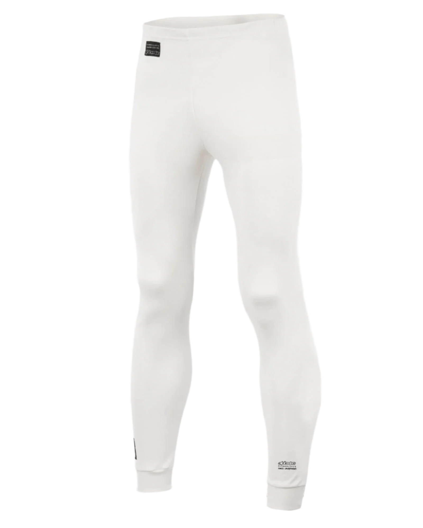 Alpinestars Race Bottom FIA, spodnie termoaktywne do wyścigów samochodowych, białe z czarnymi naszywkami z logo, lekki i ognioodporny materiał, zaprojektowane do noszenia pod kombinezonem