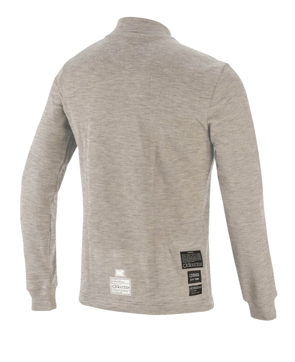 Alpinestars Race V3 Long Sleeve Top, samochodowa warstwa bazowa, szary melanż, widok z tyłu przedstawiający techniczna tkaninę ognioodporną i naszywki z certyfikatem FIA przy dolnej krawędzi