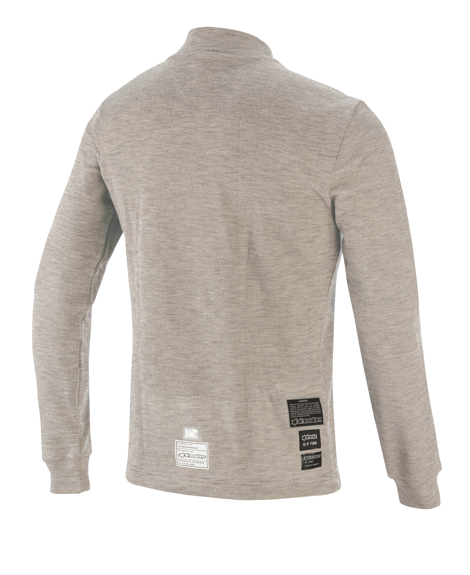 Alpinestars Race V3 Long Sleeve Top, samochodowa warstwa bazowa, szary melanż, widok z tyłu przedstawiający techniczna tkaninę ognioodporną i naszywki z certyfikatem FIA przy dolnej krawędzi