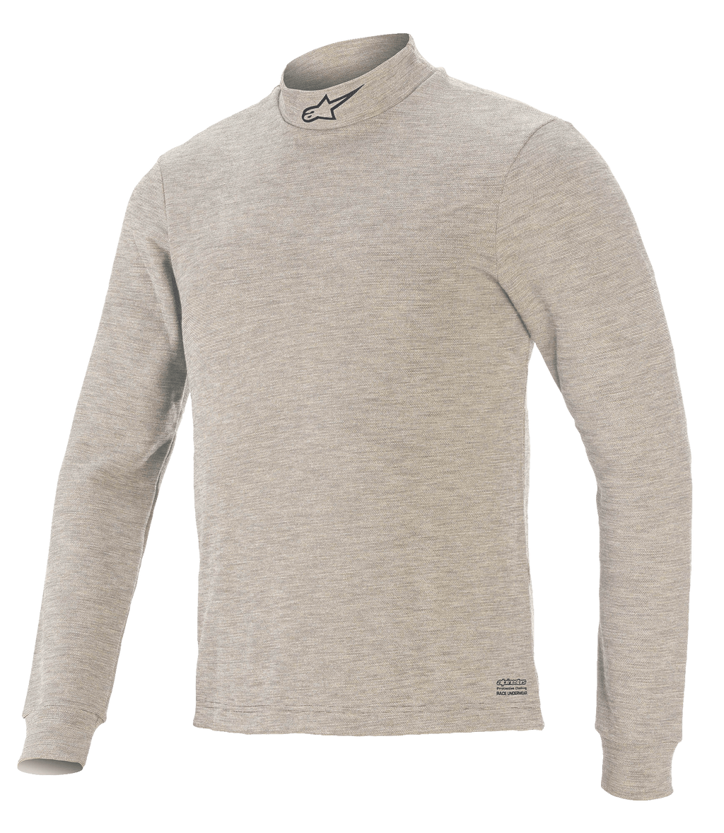 Alpinestars Race V3 Long Sleeve Top, samochodowa warstwa bazowa, szary, z półgolfem i czarnym logo gwiazdy, długie rękawy, teksturowana tkanina ognioodporna oraz logo Alpinestars na dole