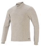 Alpinestars Race V3 Long Sleeve Top, samochodowa warstwa bazowa, szary, z półgolfem i czarnym logo gwiazdy, długie rękawy, teksturowana tkanina ognioodporna oraz logo Alpinestars na dole