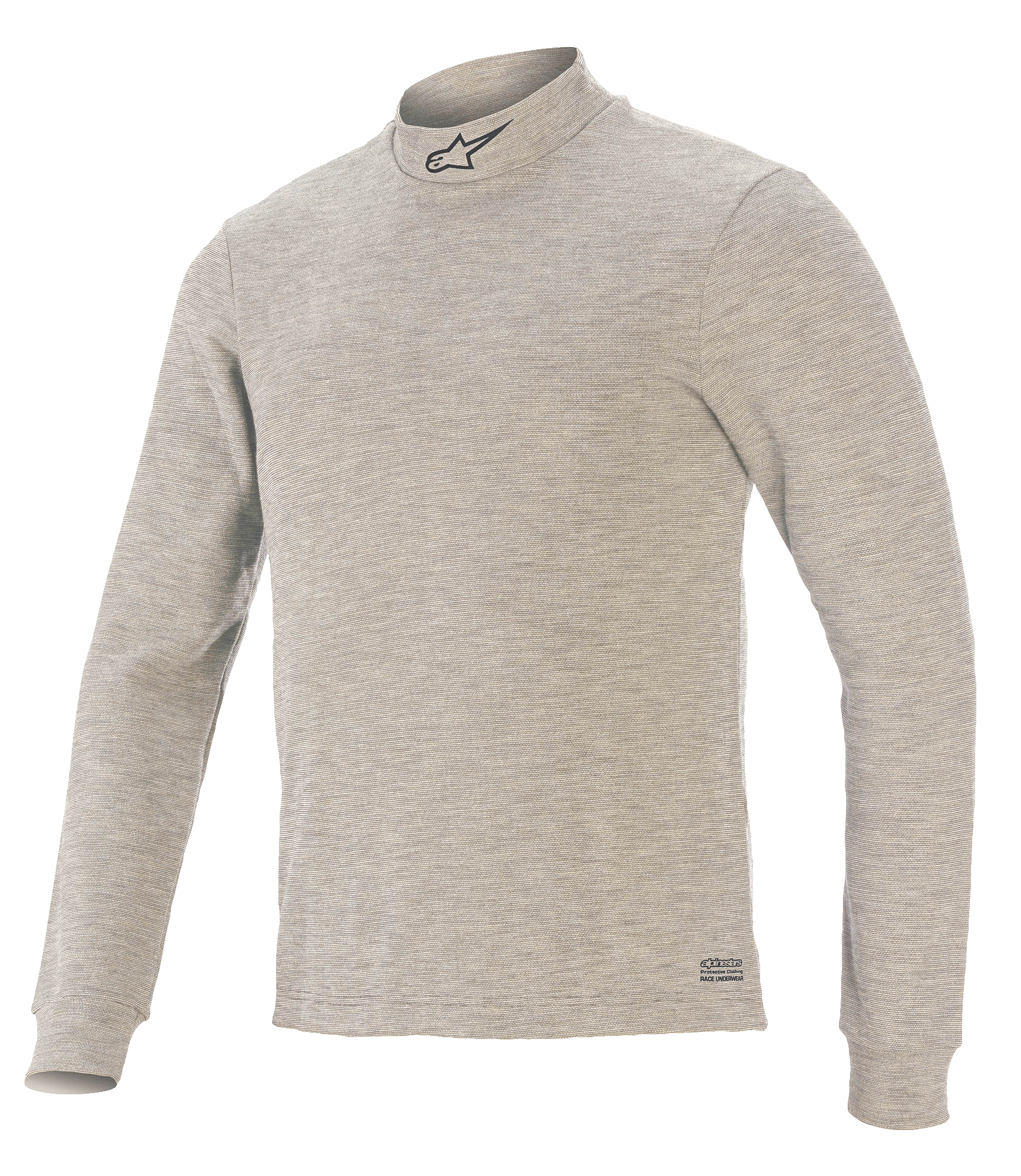 Alpinestars Race V3 Long Sleeve Top, samochodowa warstwa bazowa, szary, z półgolfem i czarnym logo gwiazdy, długie rękawy, teksturowana tkanina ognioodporna oraz logo Alpinestars na dole