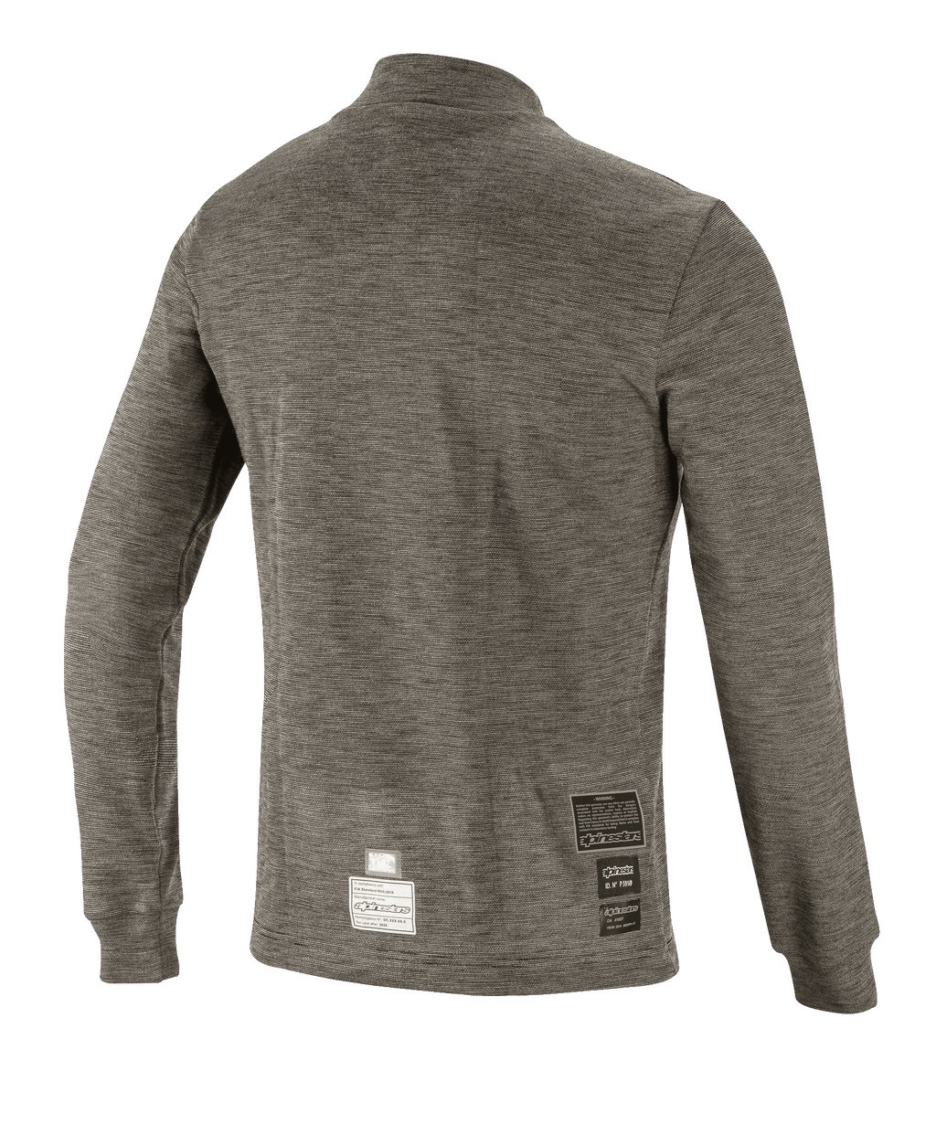 Alpinestars Race V3 Long Sleeve Top, techniczna warstwa bazowa, kolor szary Anthracite Melange, widok z tyłu prezentujący teksturowany materiał ognioodporny oraz etykiety certyfikacji FIA na dolnym brzegu, profesjonalna odzież motorsportowa