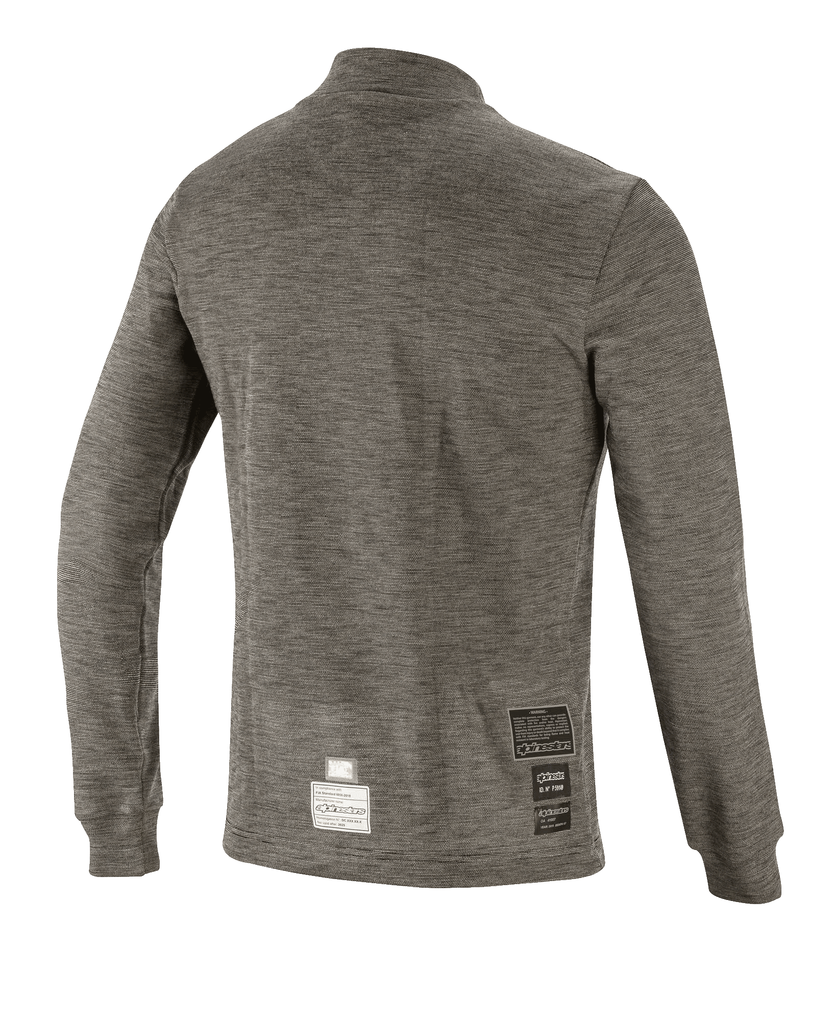 Alpinestars Race V3 Long Sleeve Top, techniczna warstwa bazowa, kolor szary Anthracite Melange, widok z tyłu prezentujący teksturowany materiał ognioodporny oraz etykiety certyfikacji FIA na dolnym brzegu, profesjonalna odzież motorsportowa