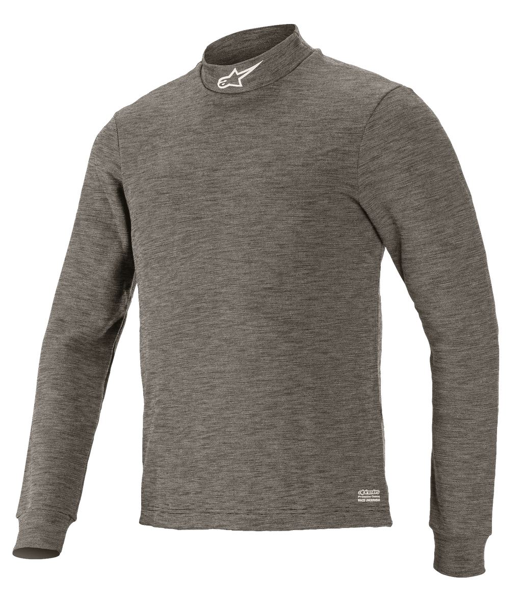 Alpinestars Race V3 Long Sleeve Top, techniczna warstwa bazowa do sportów motorowych, szary Anthracite Melange, półgolf z białym logo gwiazdy, długie rękawy, melanżowa tkanina ognioodporna, profesjonalna warstwa spodnia do wyścigów samochodowych