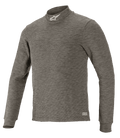 Alpinestars Race V3 Long Sleeve Top, techniczna warstwa bazowa do sportów motorowych, szary Anthracite Melange, półgolf z białym logo gwiazdy, długie rękawy, melanżowa tkanina ognioodporna, profesjonalna warstwa spodnia do wyścigów samochodowych
