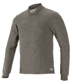 Alpinestars Race V3 Long Sleeve Top, techniczna warstwa bazowa do sportów motorowych, szary Anthracite Melange, półgolf z białym logo gwiazdy, długie rękawy, melanżowa tkanina ognioodporna, profesjonalna warstwa spodnia do wyścigów samochodowych