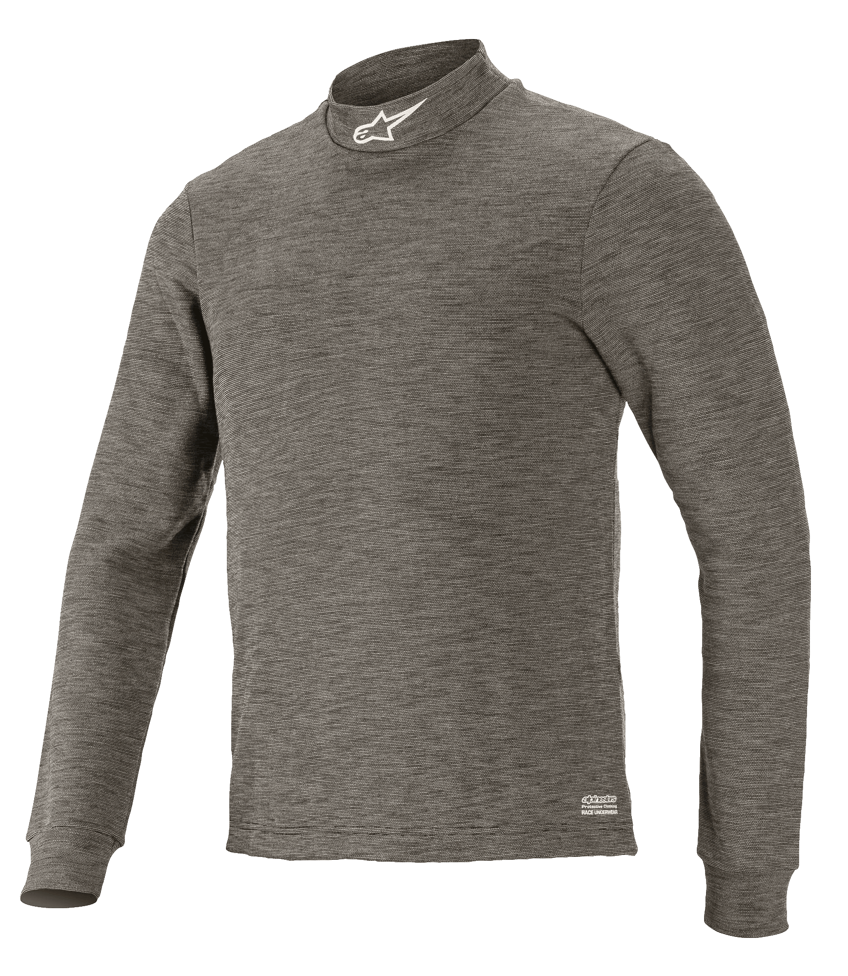 Alpinestars Race V3 Long Sleeve Top, techniczna warstwa bazowa do sportów motorowych, szary Anthracite Melange, półgolf z białym logo gwiazdy, długie rękawy, melanżowa tkanina ognioodporna, profesjonalna warstwa spodnia do wyścigów samochodowych