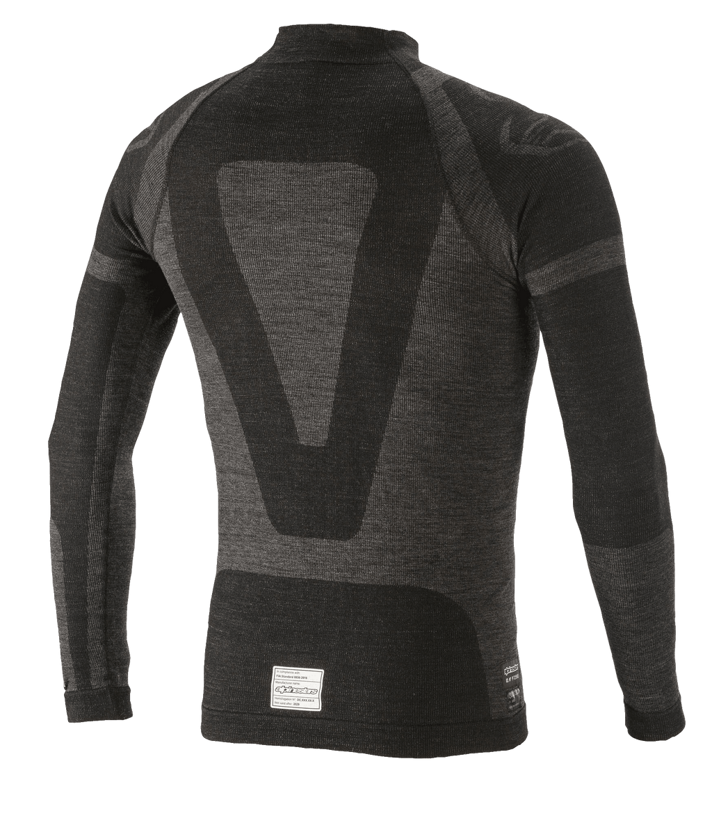 Alpinestars ZX Evo V2 Long Sleeve Top, samochodowa warstwa bazowa, czarno-szara, widok z tyłu z technicznym wzorem żakardowym, bezszwowa konstrukcja tubularna, metka z certyfikatem FIA/SFI na dolnej krawędzi