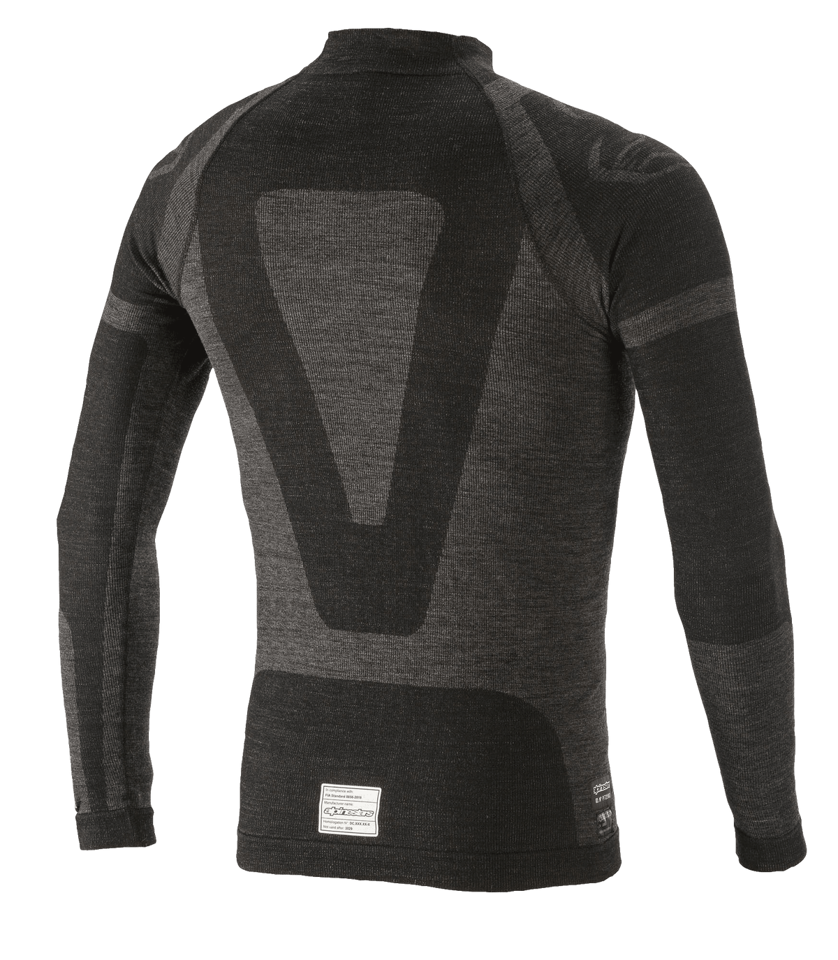 Alpinestars ZX Evo V2 Long Sleeve Top, samochodowa warstwa bazowa, czarno-szara, widok z tyłu z technicznym wzorem żakardowym, bezszwowa konstrukcja tubularna, metka z certyfikatem FIA/SFI na dolnej krawędzi