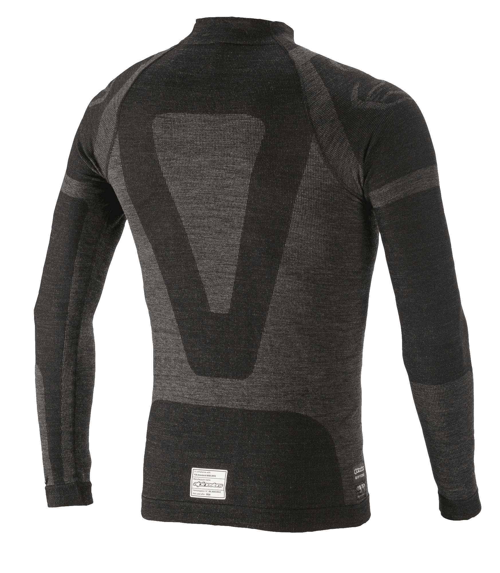 Alpinestars ZX Evo V2 Long Sleeve Top, samochodowa warstwa bazowa, czarno-szara, widok z tyłu z technicznym wzorem żakardowym, bezszwowa konstrukcja tubularna, metka z certyfikatem FIA/SFI na dolnej krawędzi
