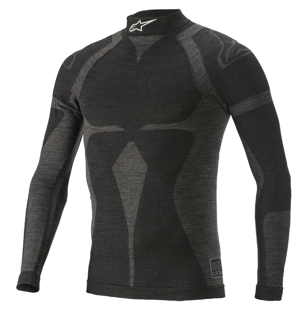 Alpinestars ZX Evo V2 Long Sleeve Top, koszulka termoaktywna do wyścigów samochodowych, czarno-szara, wysoki kołnierz z białym logo, żakardowy wzór, dopasowana odzież techniczna o lekkiej dzianinowej teksturze