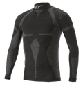 Alpinestars ZX Evo V2 Long Sleeve Top, koszulka termoaktywna do wyścigów samochodowych, czarno-szara, wysoki kołnierz z białym logo, żakardowy wzór, dopasowana odzież techniczna o lekkiej dzianinowej teksturze