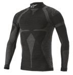 Alpinestars ZX Evo V2 Long Sleeve Top, koszulka termoaktywna do wyścigów samochodowych, czarno-szara, wysoki kołnierz z białym logo, żakardowy wzór, dopasowana odzież techniczna o lekkiej dzianinowej teksturze