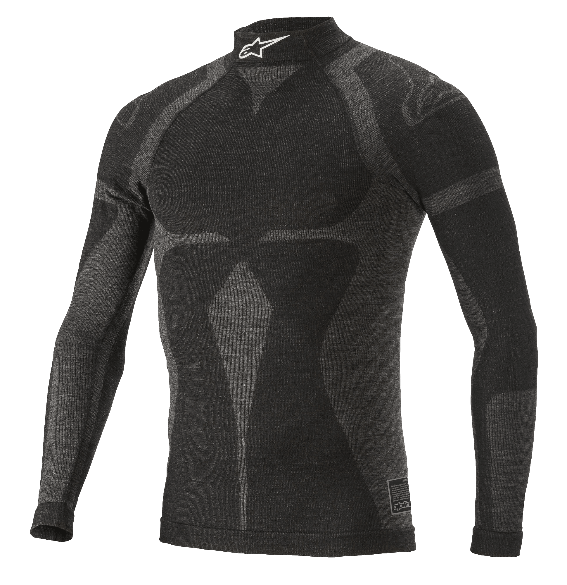 Alpinestars ZX Evo V2 Long Sleeve Top, koszulka termoaktywna do wyścigów samochodowych, czarno-szara, wysoki kołnierz z białym logo, żakardowy wzór, dopasowana odzież techniczna o lekkiej dzianinowej teksturze
