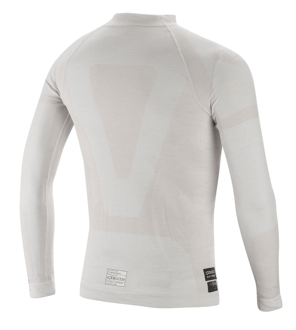 Alpinestars ZX Evo V2 Long Sleeve Top, bielizna termoaktywna do wyścigów samochodowych, biało-szary, widok z tyłu przedstawiający lekką bezszwową konstrukcję tubularną i etykiety certyfikacji FIA na dolnym brzegu