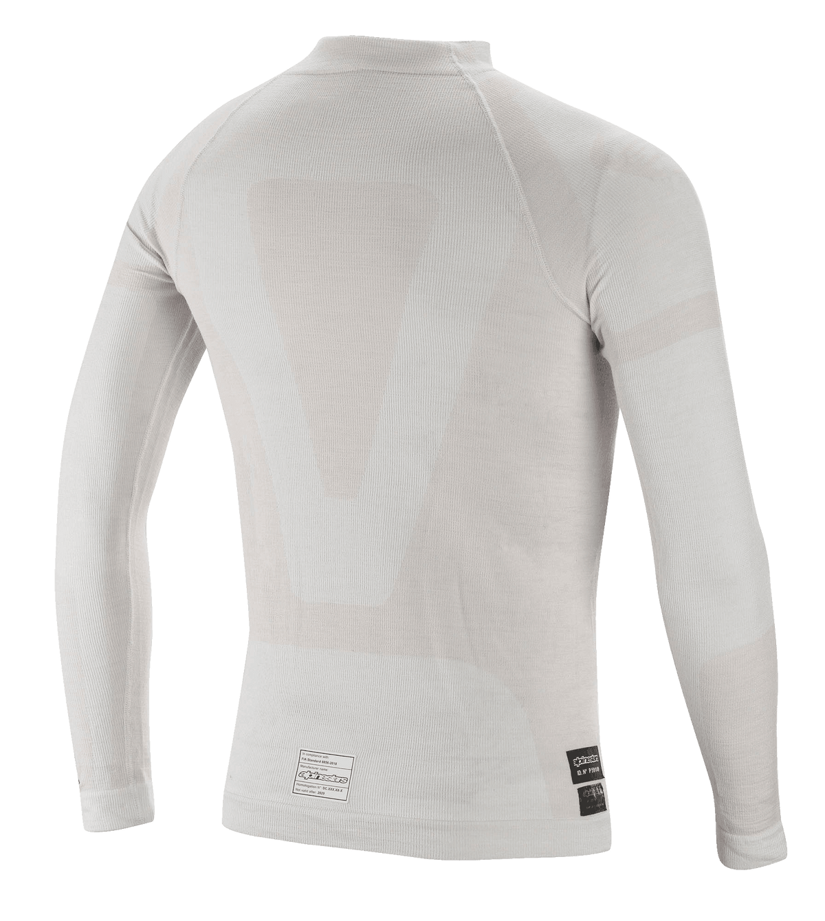 Alpinestars ZX Evo V2 Long Sleeve Top, bielizna termoaktywna do wyścigów samochodowych, biało-szary, widok z tyłu przedstawiający lekką bezszwową konstrukcję tubularną i etykiety certyfikacji FIA na dolnym brzegu