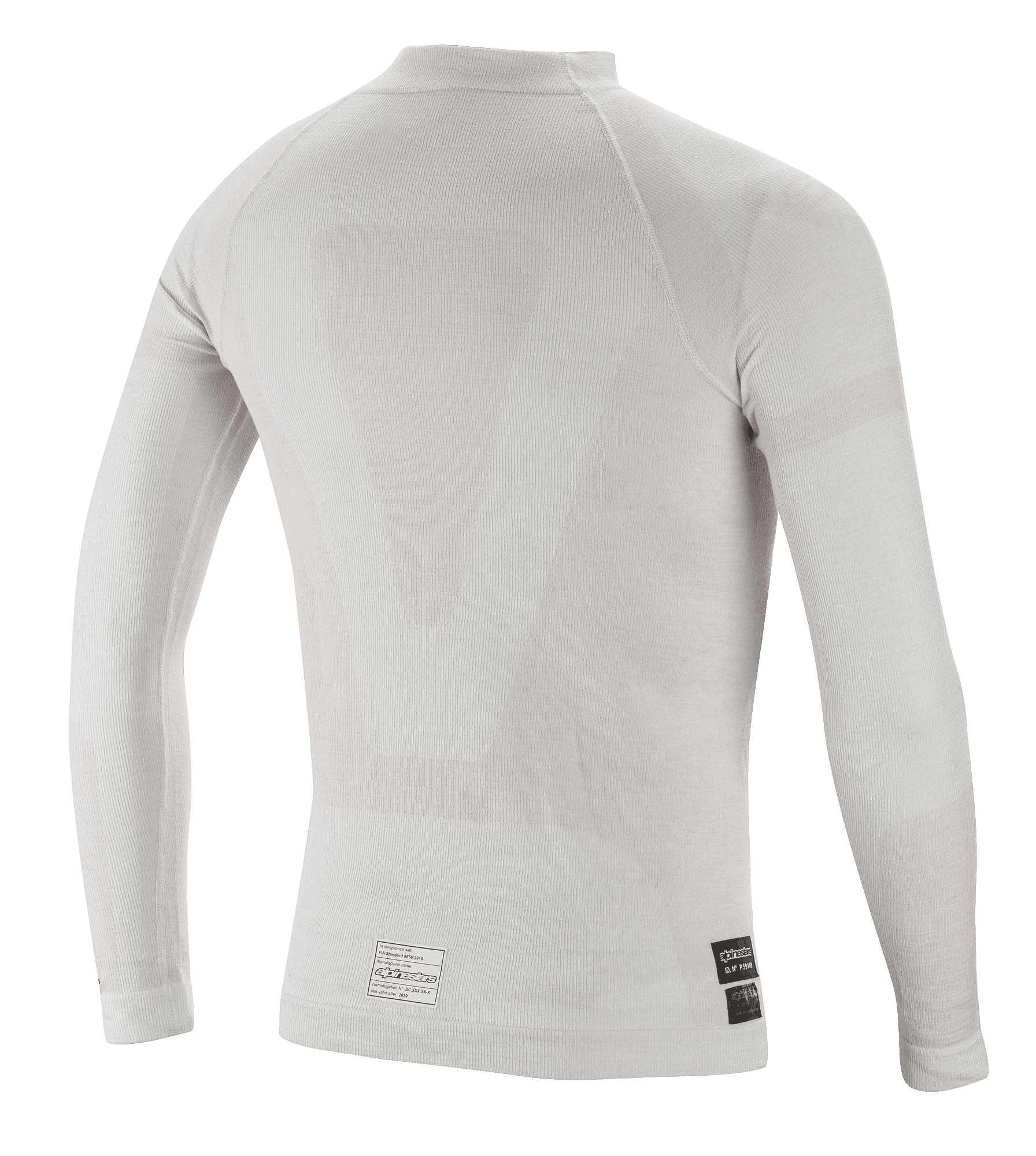 Alpinestars ZX Evo V2 Long Sleeve Top, bielizna termoaktywna do wyścigów samochodowych, biało-szary, widok z tyłu przedstawiający lekką bezszwową konstrukcję tubularną i etykiety certyfikacji FIA na dolnym brzegu