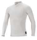 Alpinestars ZX Evo V2 Long Sleeve Top, biało-szara, ognioodporna samochodowa warstwa bazowa, wysoki kołnierz z czarnym logo Astars, bezszwowa konstrukcja z motywem żakardowym, lekka i dopasowana bielizna funkcyjna