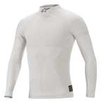 Alpinestars ZX Evo V2 Long Sleeve Top, biało-szara, ognioodporna samochodowa warstwa bazowa, wysoki kołnierz z czarnym logo Astars, bezszwowa konstrukcja z motywem żakardowym, lekka i dopasowana bielizna funkcyjna